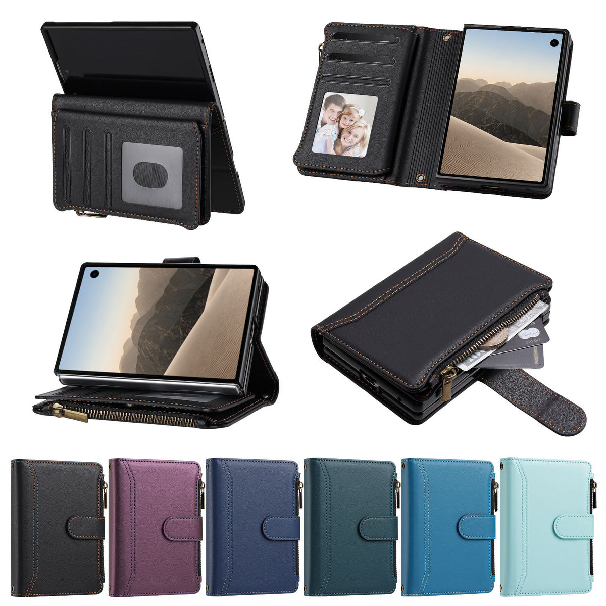 Six color options for iPhone DUO luxury leather wallet cases shown in Black, Purple, Dark Blue, Dark Green, Sky Blue, and Mint Green.