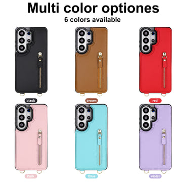 Six color options of luxury zipper wallet phone case for Samsung Galaxy in black brown red pink blue and violet