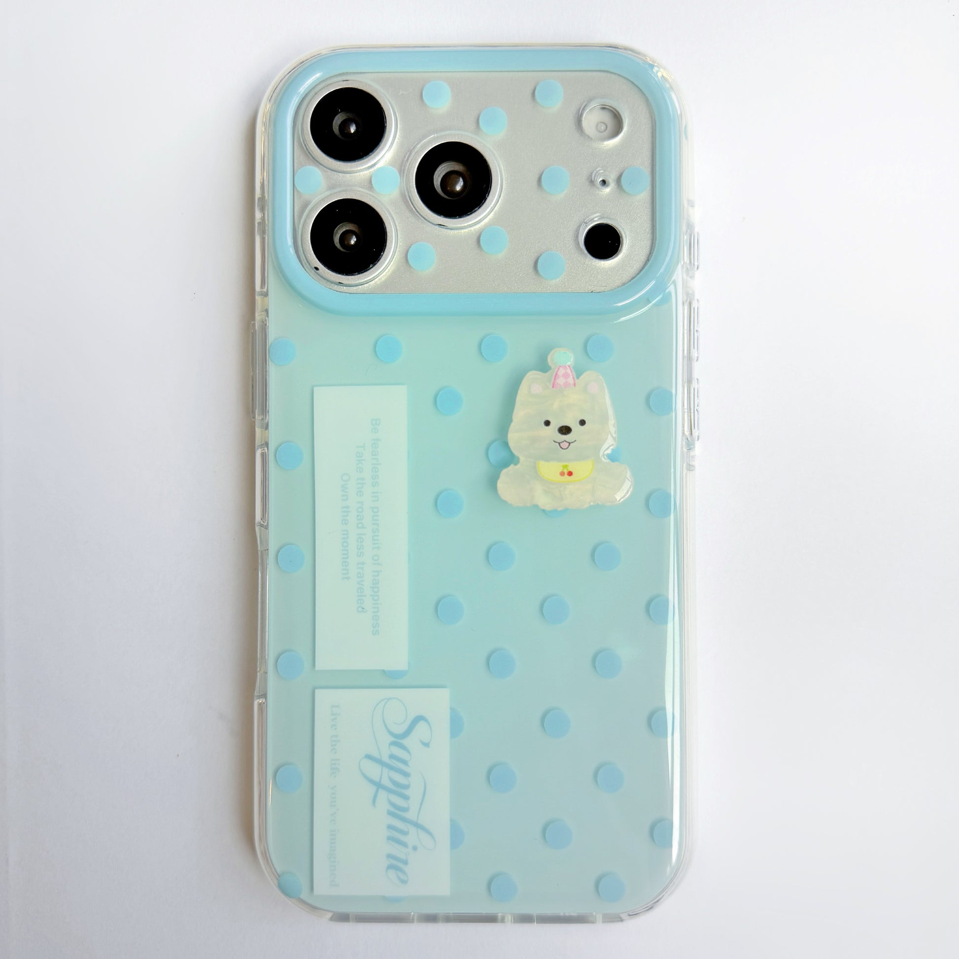 Sky Blue Puppy 3D Phone Case - Cute cartoon dog design with party hat on pastel polka dot TPU case