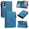 Sky blue leather wallet folio case for Samsung Galaxy Z Fold 8 displaying front and back views, card organizer flap, zippered coin compartment, and hands-free kickstand.