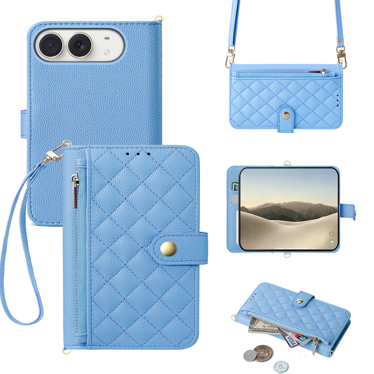 Sky blue quilted leather iPhone DUO wallet case with crossbody strap and wristlet
