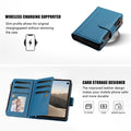 Sky blue vegan leather wallet folio case for iPhone DUO shown closed on a charging pad and open with card slots and a clear photo ID window.