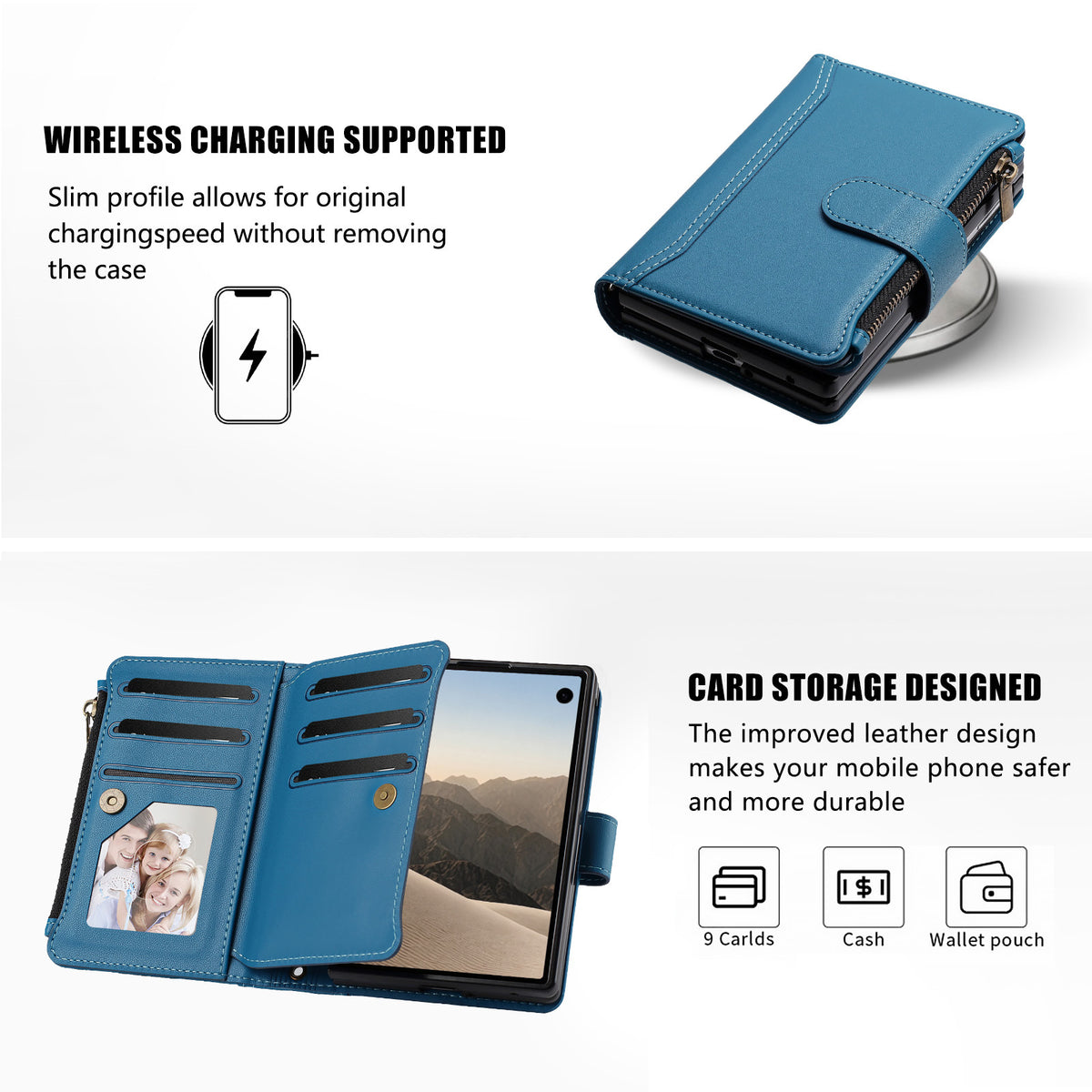 Sky blue vegan leather wallet folio case for iPhone DUO shown closed on a charging pad and open with card slots and a clear photo ID window.