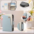 Sky blue dual-tone leather iPhone DUO wallet case feature diagram illustrating screen frame protector, magnetic clasp latch, outer snap pocket, and corner drop protection.