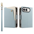 Sky blue dual-tone leather wallet case for iPhone DUO displaying the front cover with a cream contrast snap card pocket and back camera protection.