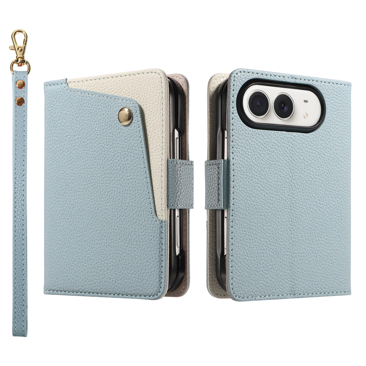 Sky blue dual-tone leather wallet case for iPhone DUO displaying the front cover with a cream contrast snap card pocket and back camera protection.