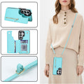 Sky blue leather crossbody wallet phone case for Samsung Galaxy worn by model with hands-free lanyard strap, kickstand, and card holder