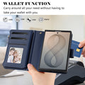 Sky blue leather wallet case for Samsung Galaxy Z Fold 8 showing contactless card payment convenience and photo ID frame.