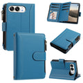 Sky blue leather wallet folio case for iPhone DUO displaying front and back views, card organizer flap, zippered coin compartment, and hands-free kickstand position.