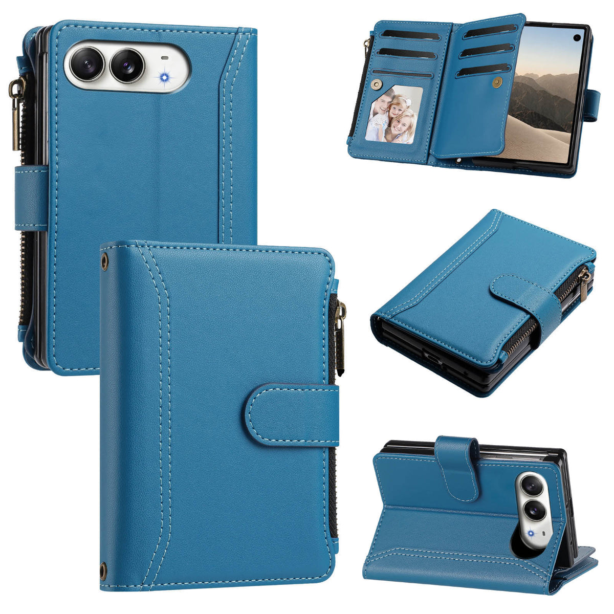 Sky blue leather wallet folio case for iPhone DUO displaying front and back views, card organizer flap, zippered coin compartment, and hands-free kickstand position.