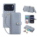 Sky blue woven leather iPhone wallet case featuring wrist strap, card slots, cosmetic mirror, and zipper cash pouch.