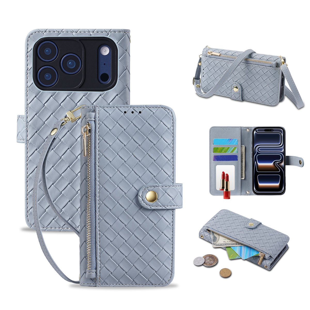Sky blue woven leather iPhone wallet case featuring wrist strap, card slots, cosmetic mirror, and zipper cash pouch.