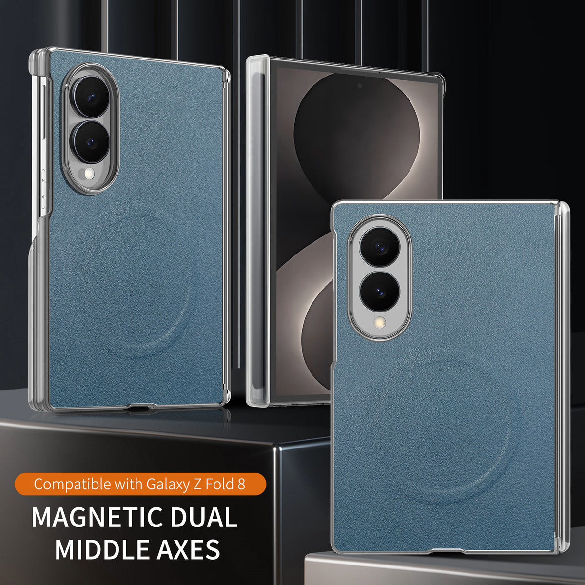 Slate blue leather magnetic case for folding smartphone with clear corner guards, displayed closed and unfolded revealing main screen.