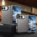 Slate gray textured crocodile vegan leather protective case for iPhone DUO standing side-by-side.