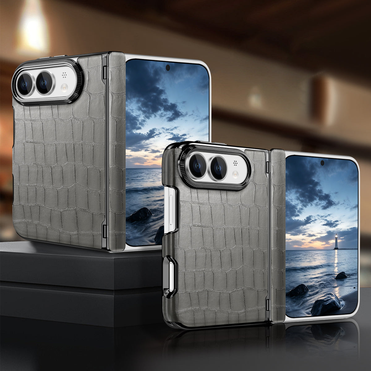 Slate gray textured crocodile vegan leather protective case for iPhone DUO standing side-by-side.