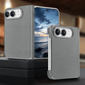 Slate gray textured vegan leather phone case for iPhone DUO showcasing precise cutouts and sleek finish.