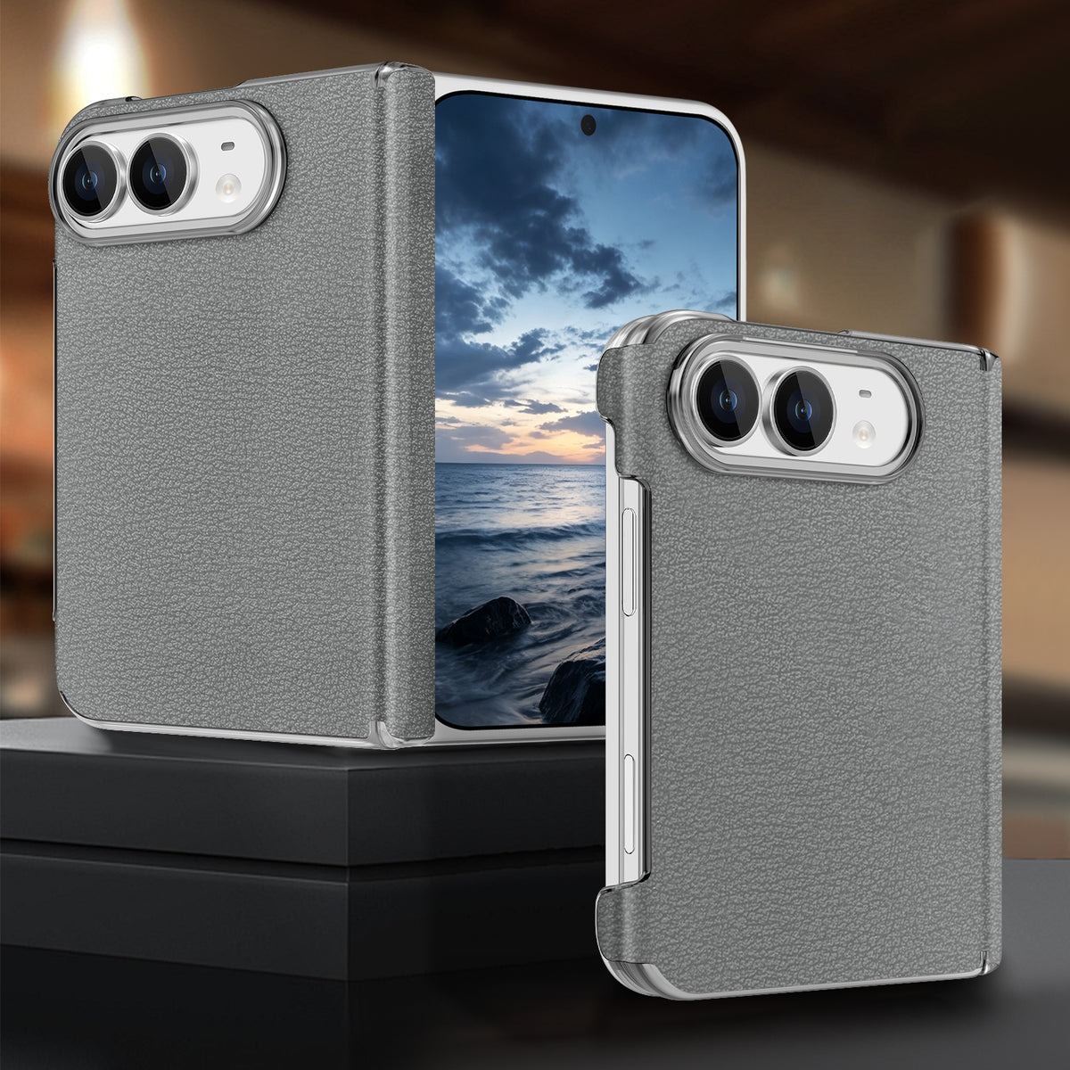 Slate gray textured vegan leather phone case for iPhone DUO showcasing precise cutouts and sleek finish.