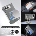 Slate gray vegan leather iPhone DUO case attached to magnetic wireless charger, car mount, and ring holder.