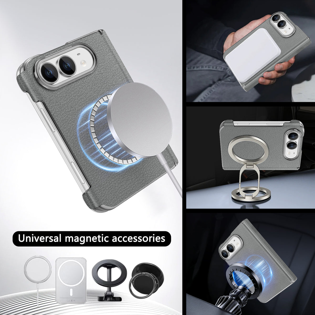 Slate gray vegan leather iPhone DUO case attached to magnetic wireless charger, car mount, and ring holder.