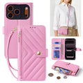 Soft light pink chevron-quilted leather crossbody wallet case displaying camera cutout, card storage, and adjustable shoulder strap attachment.