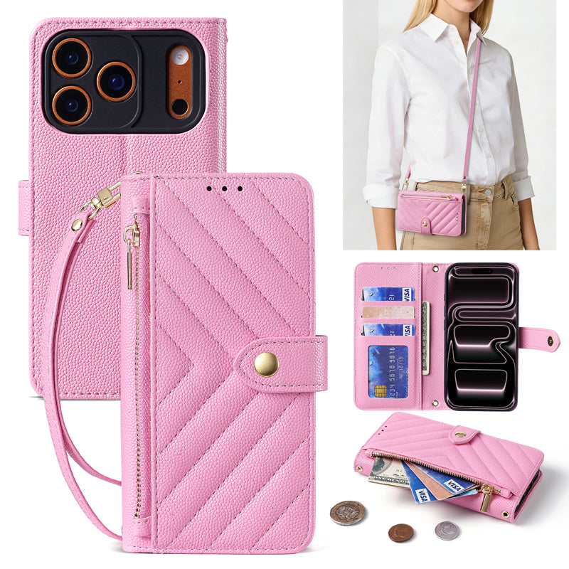 Soft light pink chevron-quilted leather crossbody wallet case displaying camera cutout, card storage, and adjustable shoulder strap attachment.