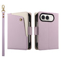 Soft lavender purple dual-tone leather wallet case for iPhone DUO displaying the front cover with a quick-access snap card slot and back camera lens cutout.