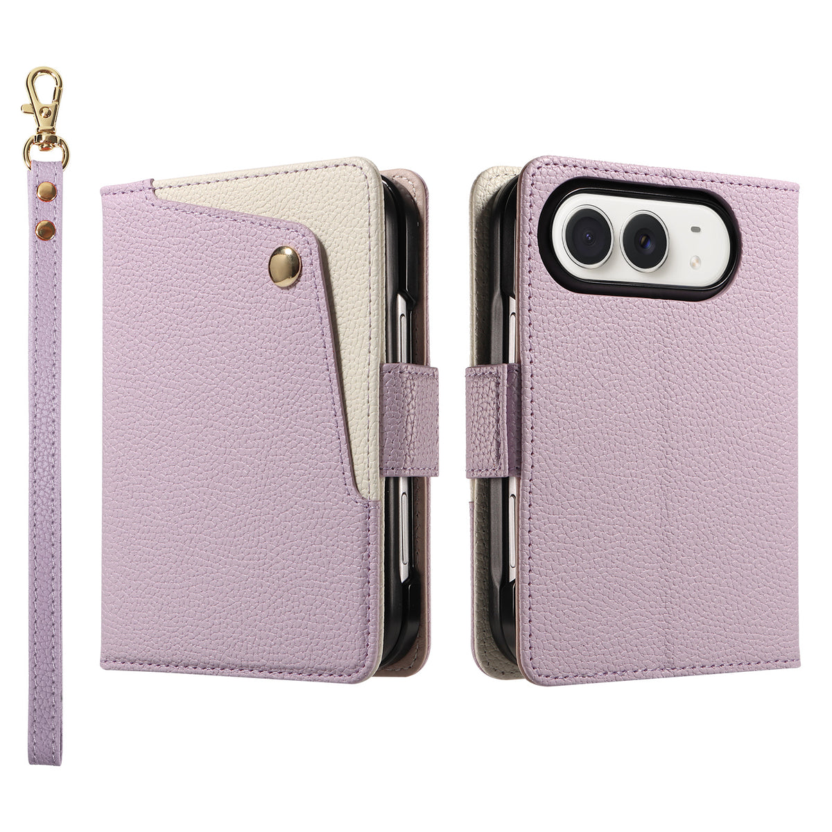 Soft lavender purple dual-tone leather wallet case for iPhone DUO displaying the front cover with a quick-access snap card slot and back camera lens cutout.