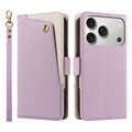 Soft lavender purple dual-tone leather wallet case for iPhone displaying the front snap card pocket, back camera cutout, and detachable wrist strap.