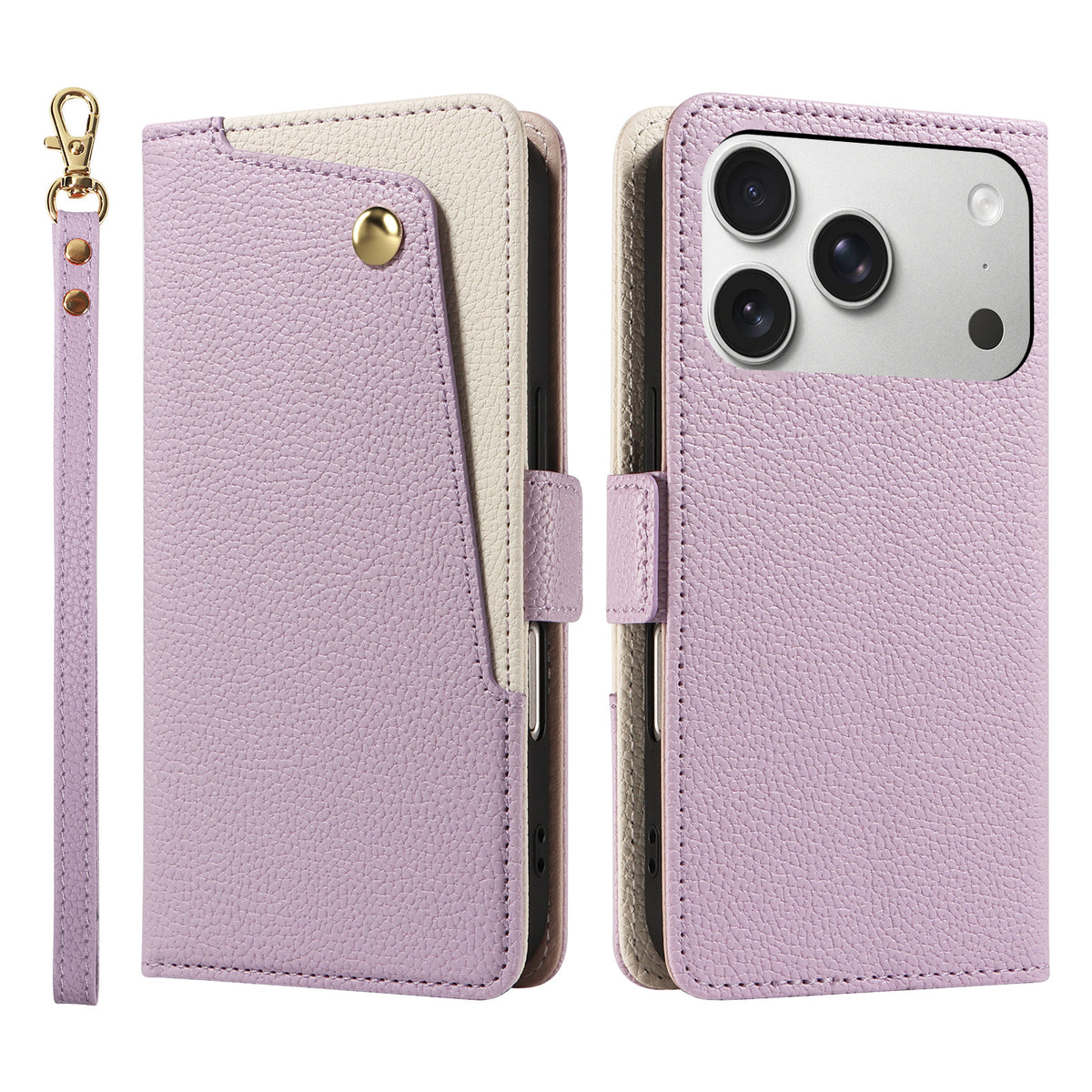 Soft lavender purple dual-tone leather wallet case for iPhone displaying the front snap card pocket, back camera cutout, and detachable wrist strap.