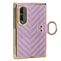 Soft lavender purple quilted leather Samsung Galaxy Z Fold 8 case featuring gold electroplated frame and metal ring strap