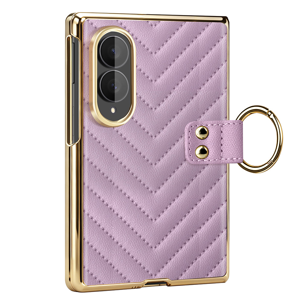 Soft lavender purple quilted leather Samsung Galaxy Z Fold 8 case featuring gold electroplated frame and metal ring strap
