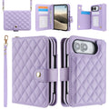 Soft lavender quilted diamond leather case for iPhone DUO, featuring a main wallet view with wristlet lanyard, open folio layout with card slots, rear camera cutout, and crossbody bag mode.