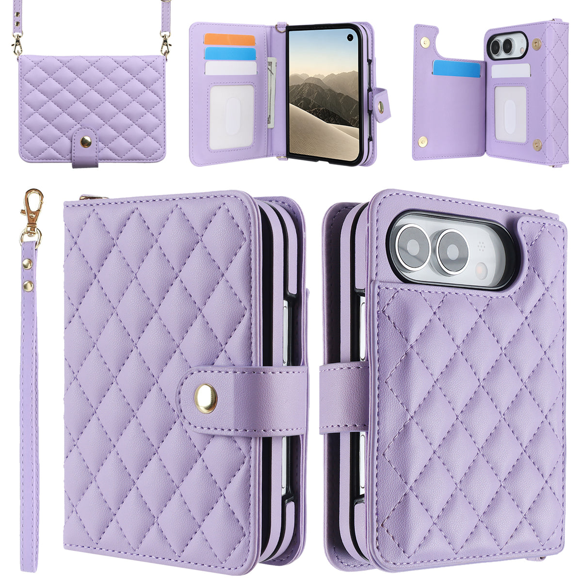 Soft lavender quilted diamond leather case for iPhone DUO, featuring a main wallet view with wristlet lanyard, open folio layout with card slots, rear camera cutout, and crossbody bag mode.