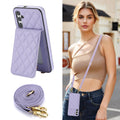 Soft lavender quilted leather crossbody wallet case for Samsung Galaxy A-Series demonstrated on a model wearing an adjustable shoulder strap next to the folded lanyard.
