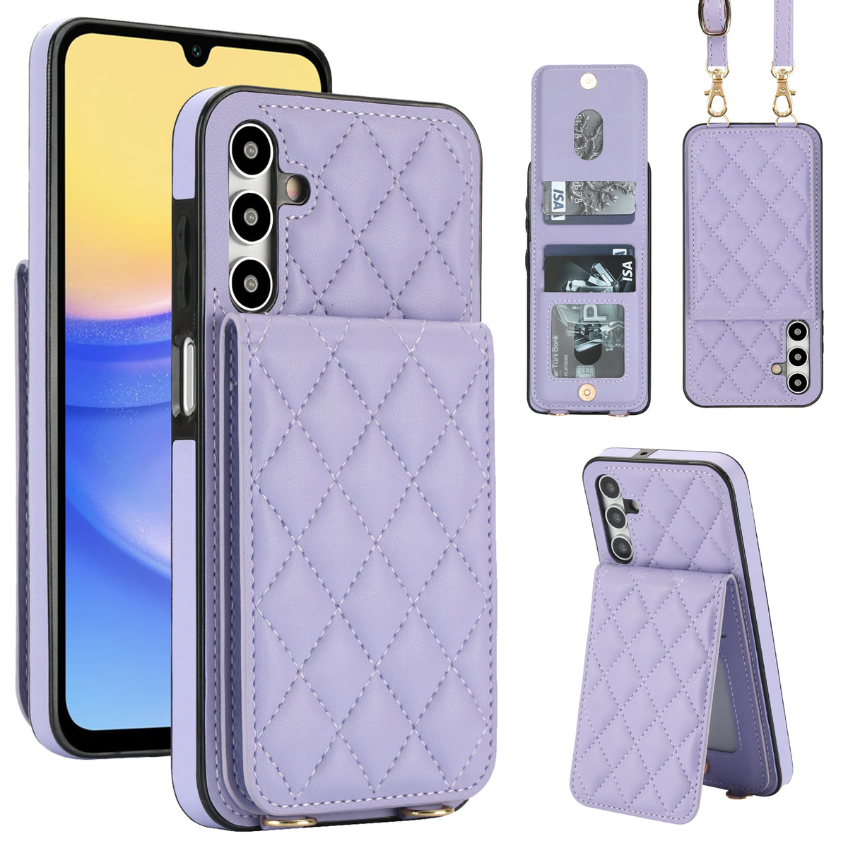 Soft lavender quilted leather crossbody wallet case for Samsung Galaxy A-Series displaying full composite views, including rear snap card slots, photo ID window, detachable shoulder lanyard, and vertical kickstand mode.