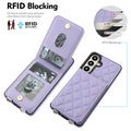 Soft lavender quilted leather wallet case for Samsung Galaxy showing open snap-button compartment with credit card slots, ID window, and RFID signal blocking material layer diagram.