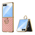 Soft pink chevron leather case for Samsung Galaxy Z Flip featuring electroplated gold accent frame and metal ring holder
