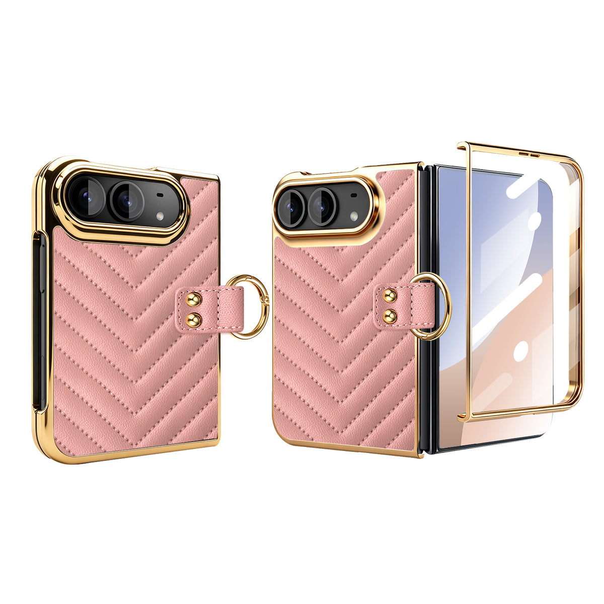 Soft pink chevron quilted leather case for iPhone DUO shown folded and open with electroplated gold frame trim, finger ring strap, and clear front tempered glass protector.