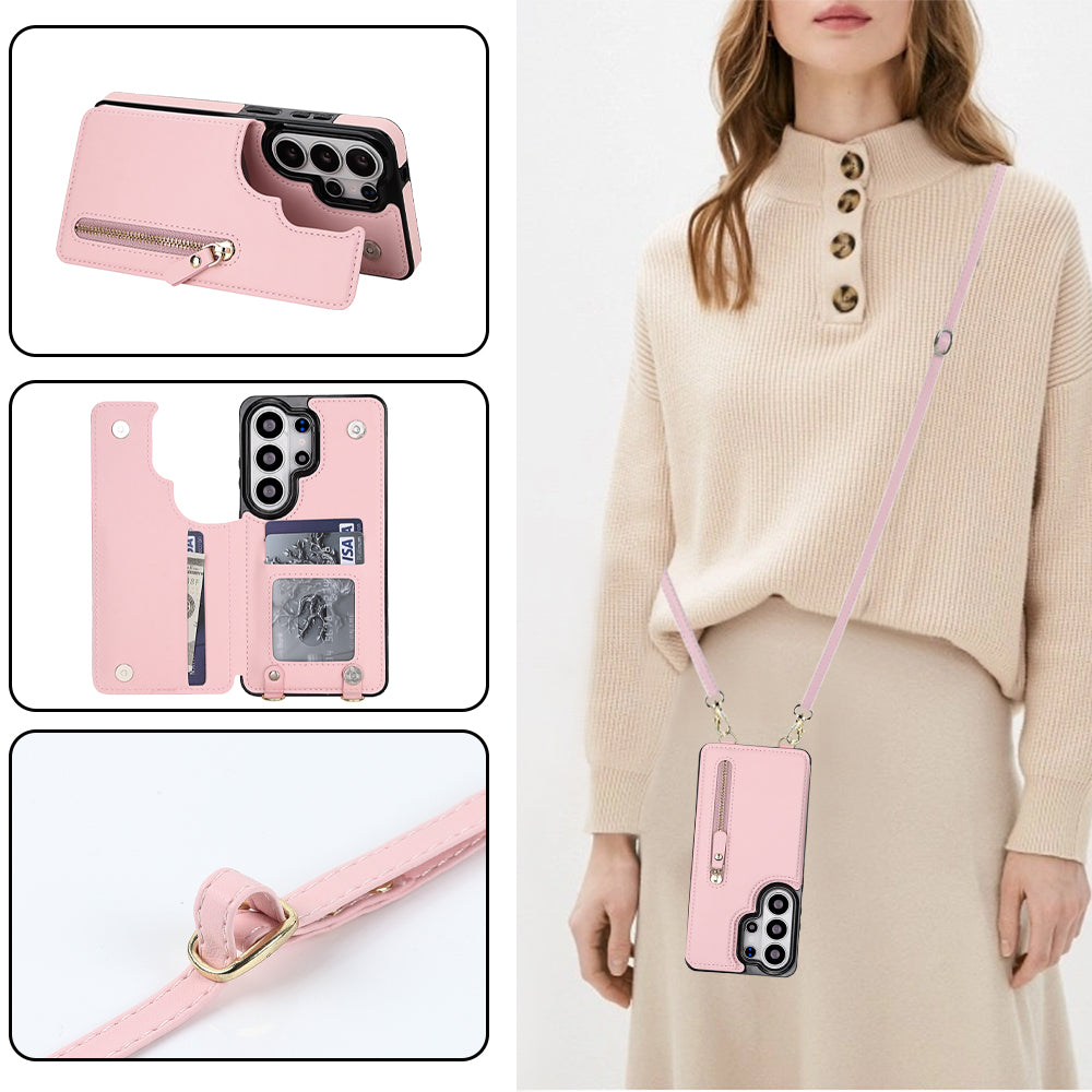 Soft pink leather crossbody wallet phone case for Samsung Galaxy worn by model featuring zipper coin pocket, kickstand, and adjustable lanyard