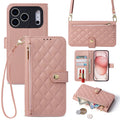 Soft pink quilted leather phone case setup showing crossbody strap, open interior card holder, mirror, and exterior coin zip pocket.