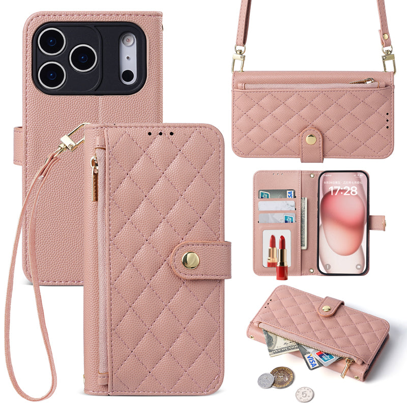 Soft pink quilted leather phone case setup showing crossbody strap, open interior card holder, mirror, and exterior coin zip pocket.