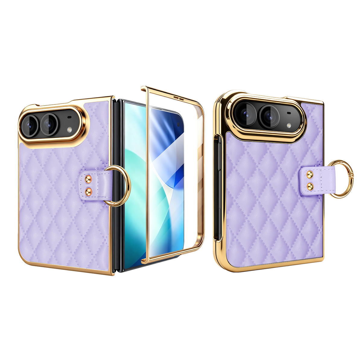 Soft purple lavender quilted leather luxury case for iPhone DUO featuring electroplated gold trim and ring strap
