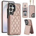 Soft rose gold quilted leather phone wallet case for Samsung Galaxy with snap card holder kickstand position and detachable lanyard rings