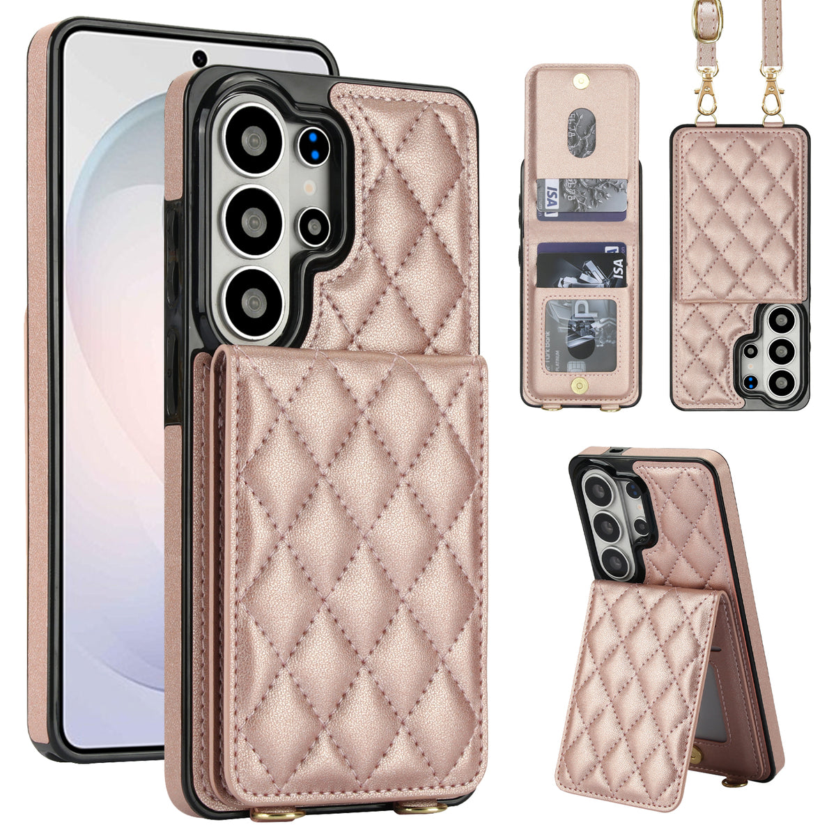 Soft rose gold quilted leather phone wallet case for Samsung Galaxy with snap card holder kickstand position and detachable lanyard rings