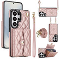 Soft rose gold quilted leather phone wallet case for Samsung Galaxy with snap card holder kickstand position and detachable lanyard rings