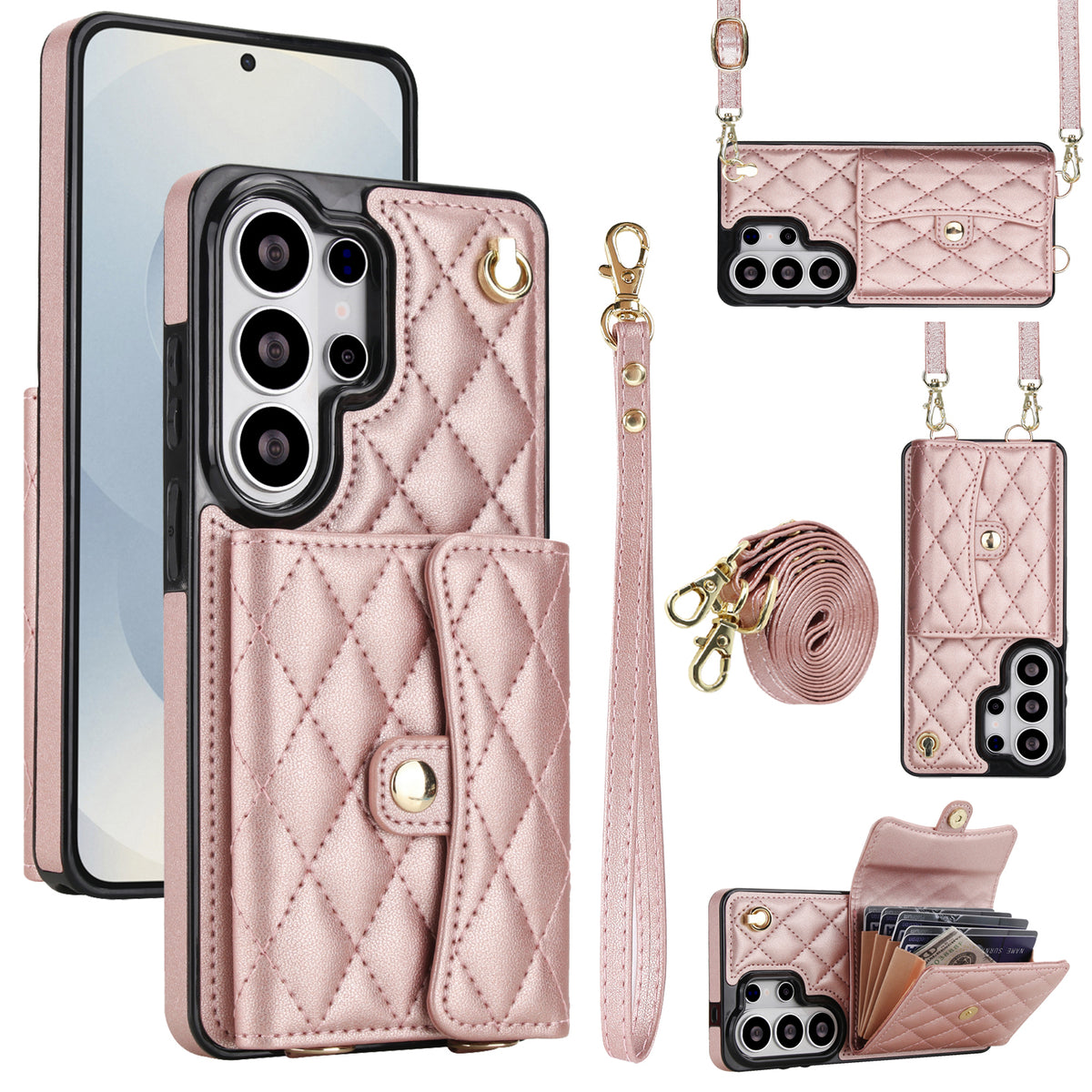 Soft rose gold quilted leather phone wallet case for Samsung Galaxy with snap card holder kickstand position and detachable lanyard rings
