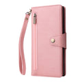 Soft rose pink leather phone wallet case closed view with outer zipper pocket and matching wristlet strap.