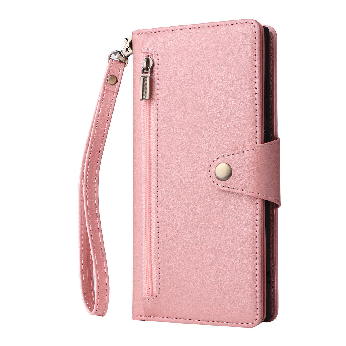 Soft rose pink leather phone wallet case closed view with outer zipper pocket and matching wristlet strap.