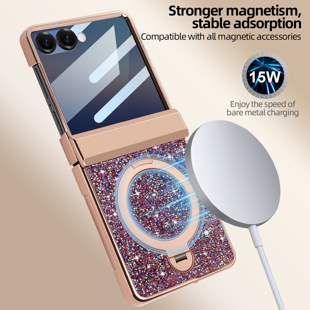 Sparkling case for Samsung Galaxy Z Flip demonstrating 15W magnetic wireless charging capability with strong magnetic adsorption.