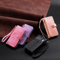 Sparkly glitter leather crossbody wallet phone cases for iPhone 18 and 17 series shown in Black, Hot Pink, Purple, and Rose Gold colors.